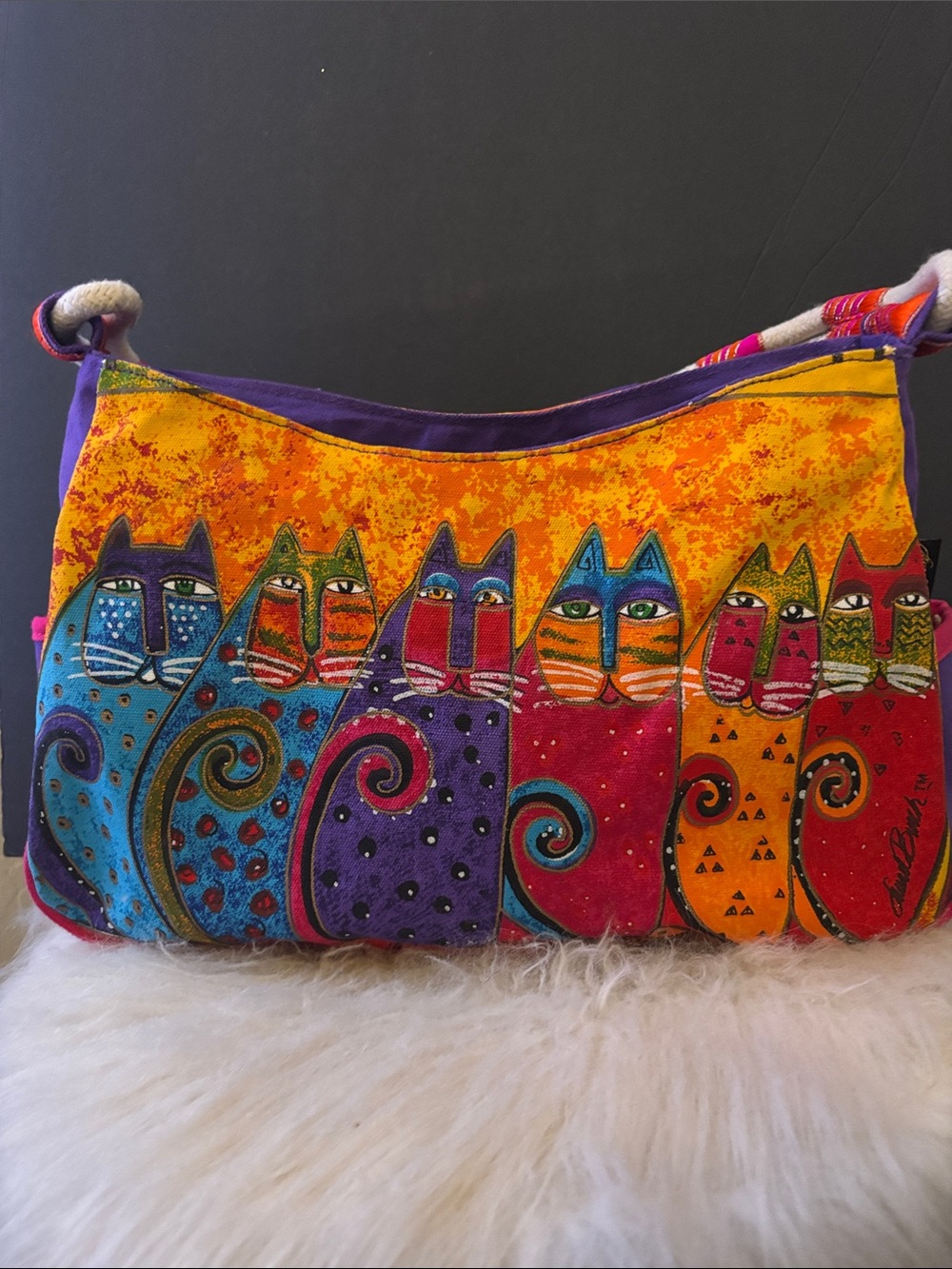 Laurel Burch Multicolor Cat-Print Shoulder Bag - Orange, Purple, Blue, Red - Picture 2 of 13